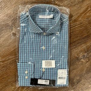J.Lindeberg Corkz Bright Turquoise Navy White Check Dress Shirt Men 38 / 15 NWT